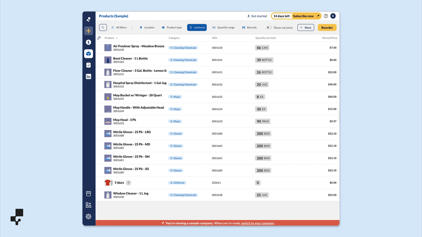 Example of the product list in inFlow displaying product groups, with the “Show variants” toggle to reveal all product variant options.