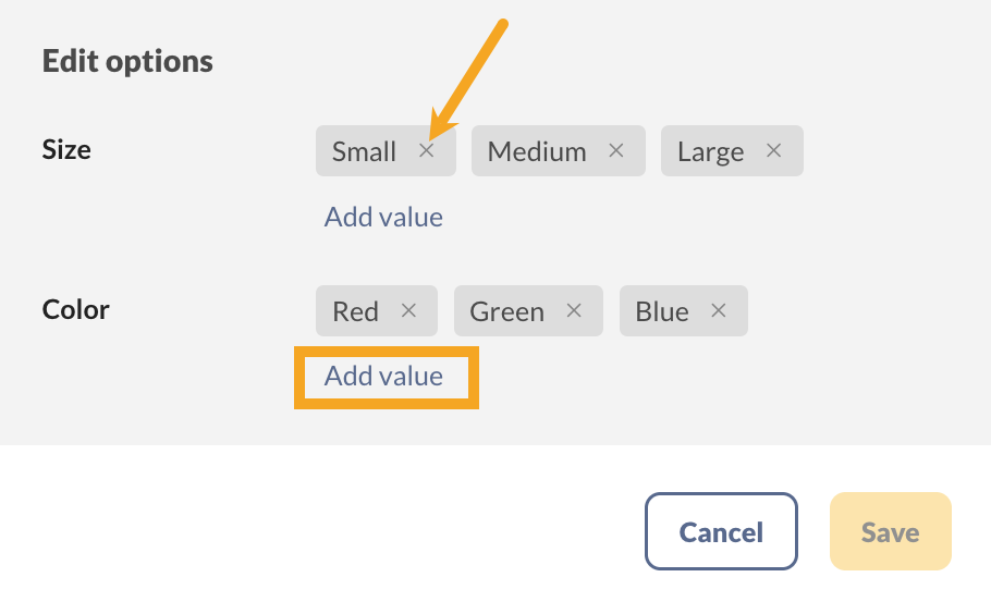 Editing the variant options for a product group.
