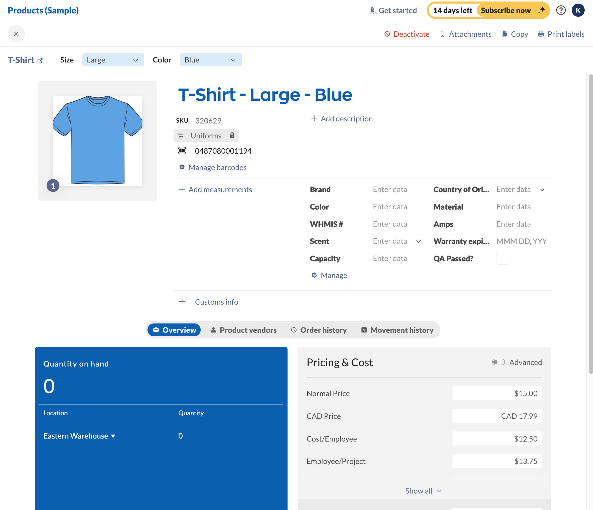 A product record for a variant option in inFlow.