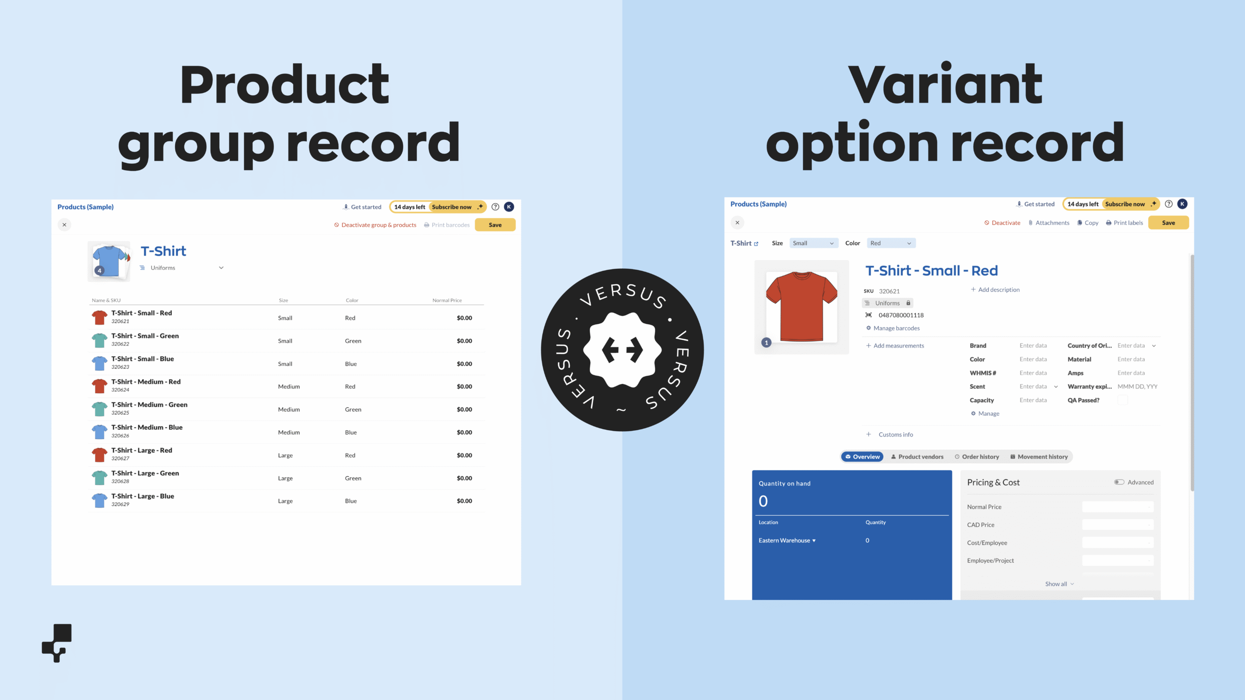 Example of an inFlow product group on the left and a variant option product record on the right.