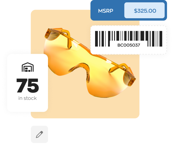 Stylized image of sunglasses including MSRP cost, barcode, and quanitity