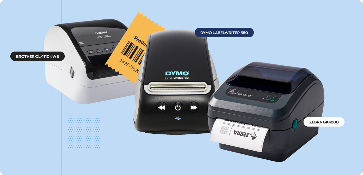 Close-up of three compact barcode printers side by side