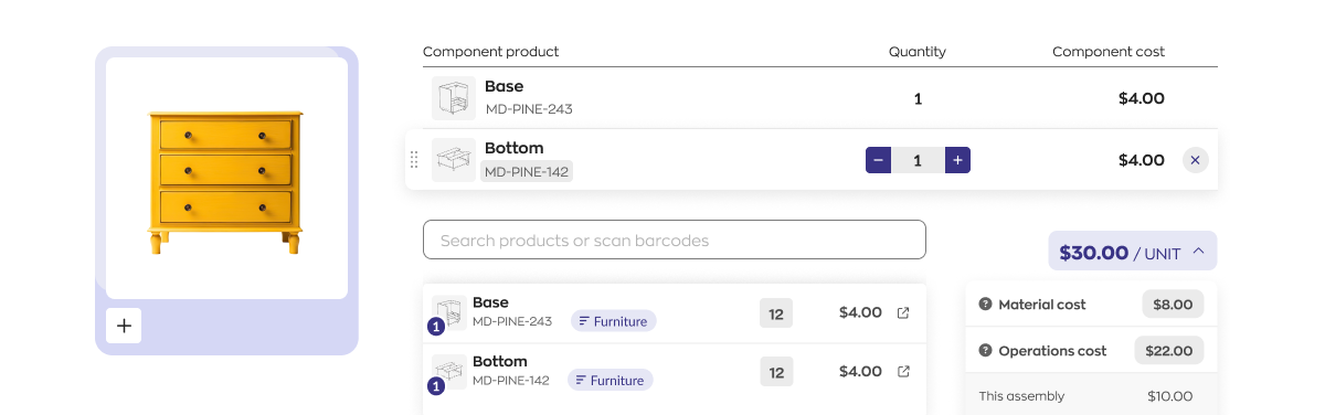 inFlow software interface featuring a side table and associated parts